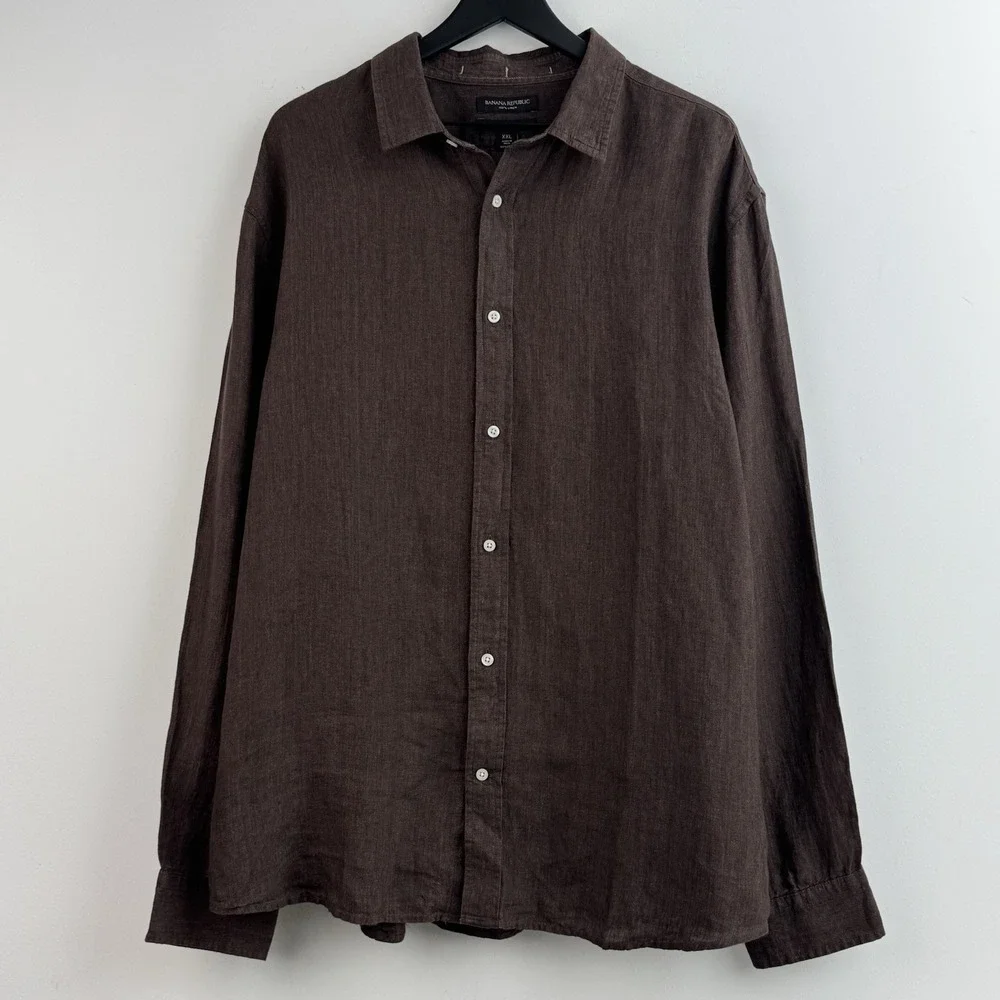 Banana Republic Linen Button Up Shirt Mens XXL Brown Untucked Fit Long Sleeve